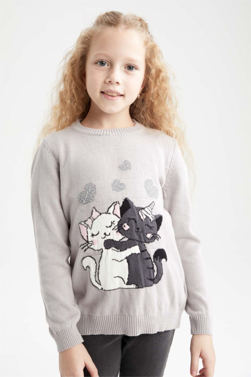 GIRLS & TEENS Light Grey Melange بلوفر تريكو قصة عادية