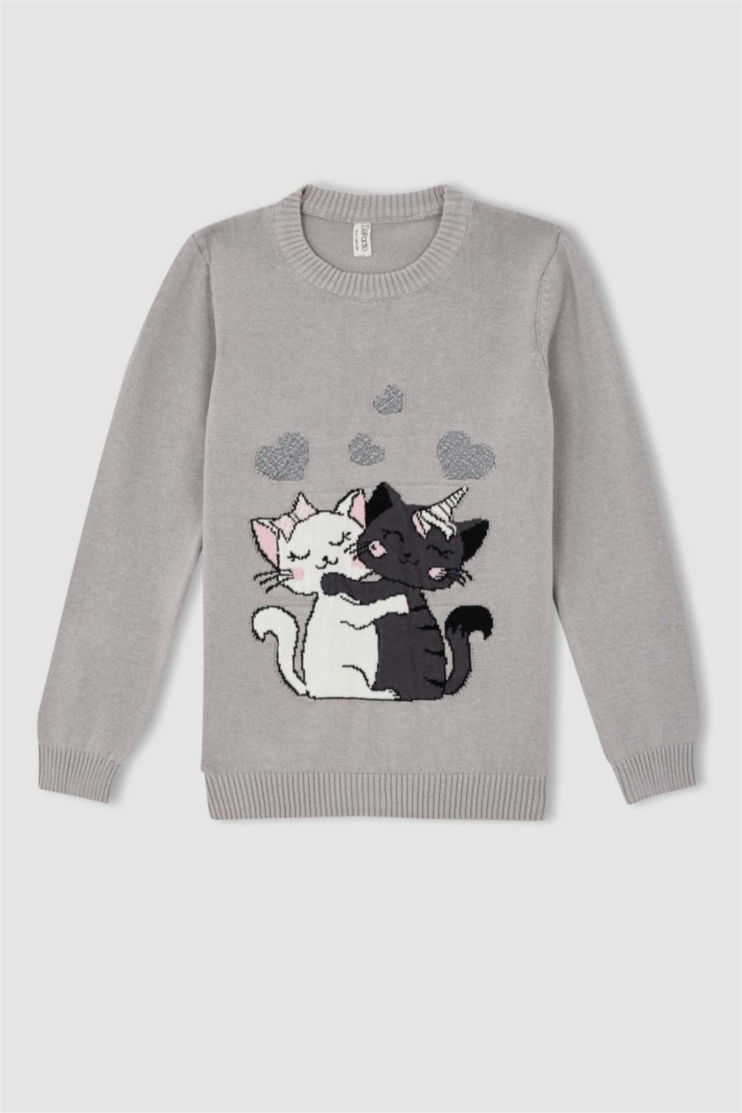 GIRLS & TEENS Light Grey Melange بلوفر تريكو قصة عادية