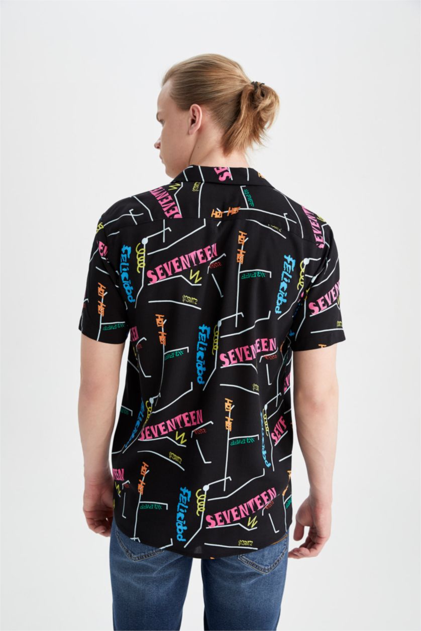 HOMME Noir Chemise hawaïenne à manches courtes en viscose imprimée Cool Regular Fit