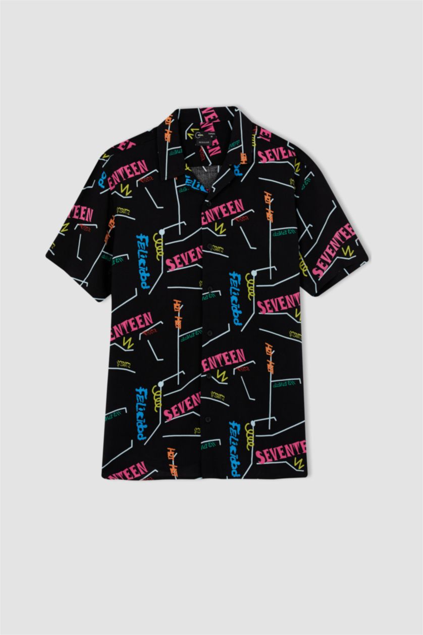 HOMME Noir Chemise hawaïenne à manches courtes en viscose imprimée Cool Regular Fit