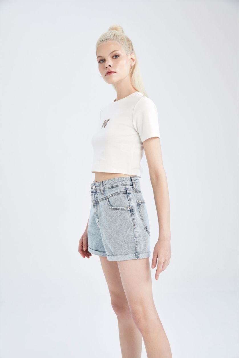 Kadın Ekru Cropped Fıt Ribana Kısa Kollu Tişört