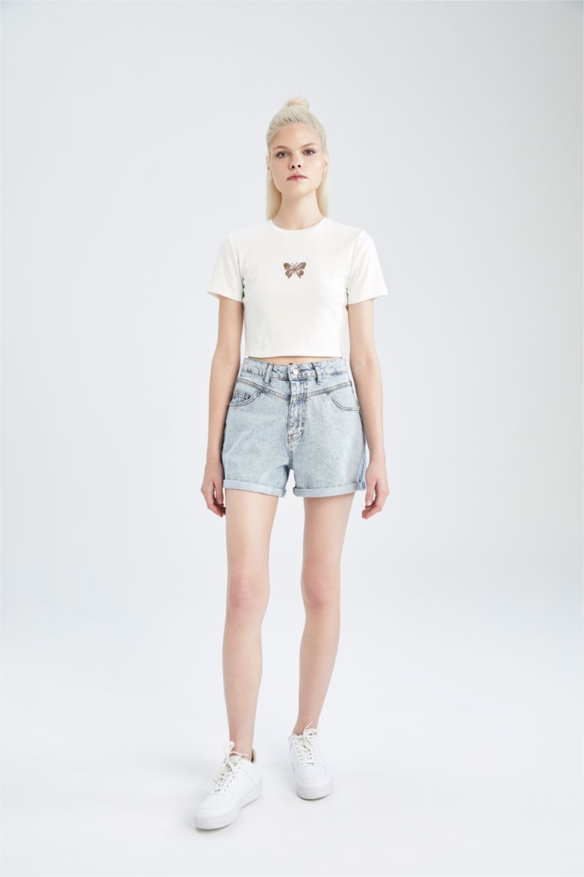 Kadın Ekru Cropped Fıt Ribana Kısa Kollu Tişört