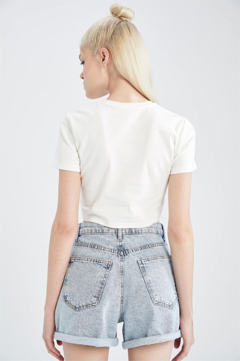 Kadın Ekru Cropped Fıt Ribana Kısa Kollu Tişört
