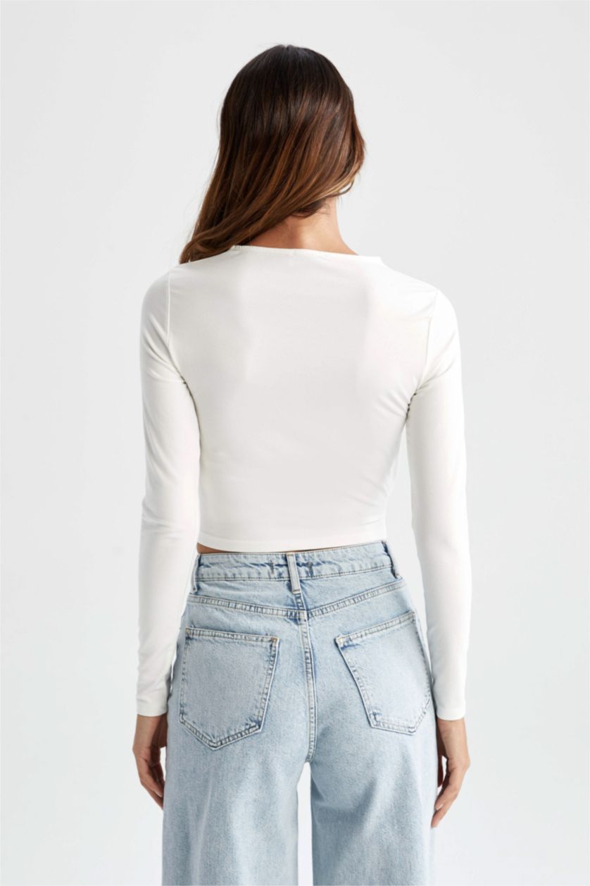 WOMAN White Coool Fitted Crew Neck Basic Long Sleeve Crop T-Shirt