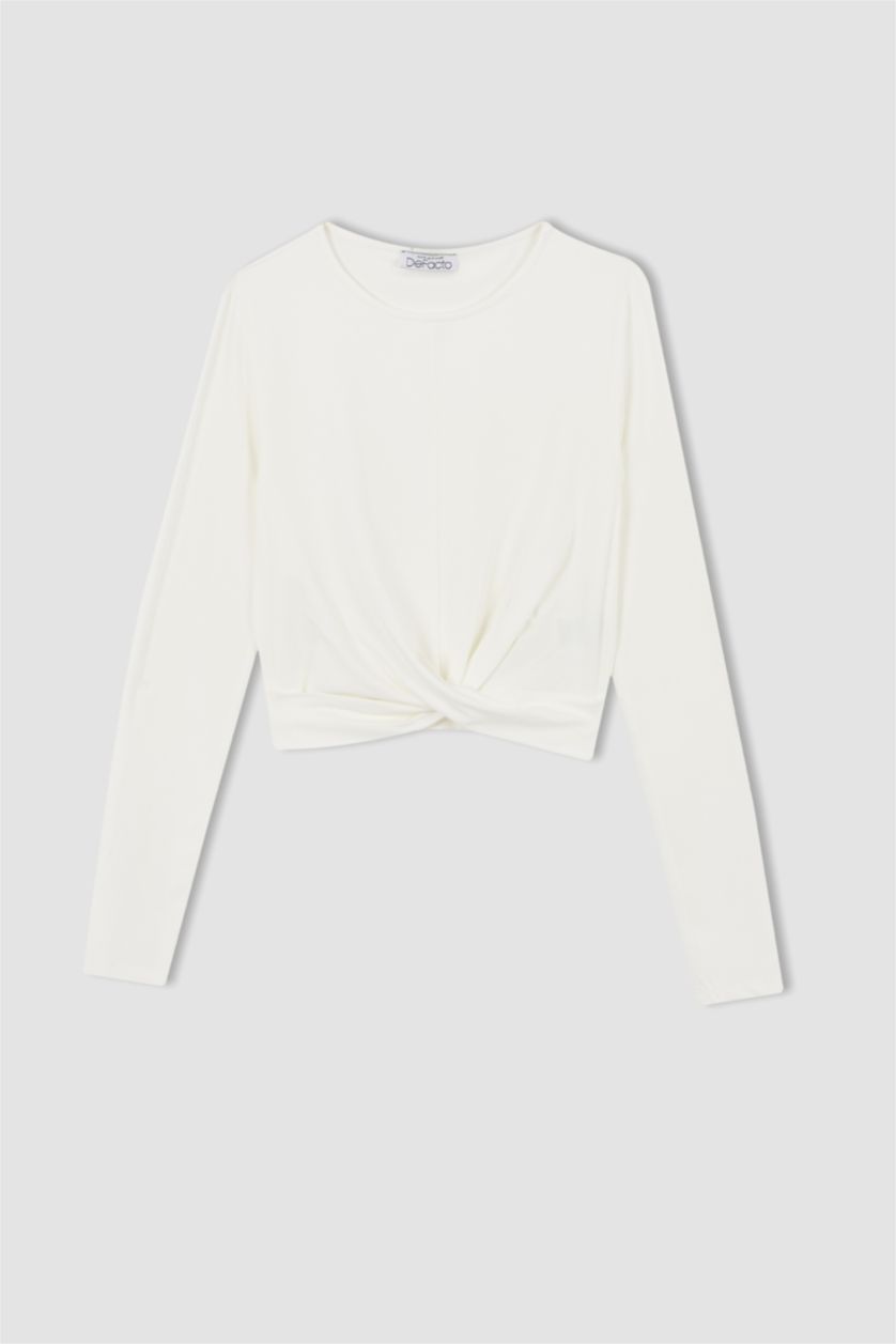 WOMAN White Coool Fitted Crew Neck Basic Long Sleeve Crop T-Shirt