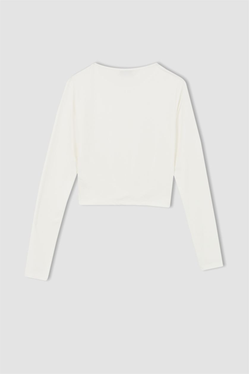 WOMAN White Coool Fitted Crew Neck Basic Long Sleeve Crop T-Shirt