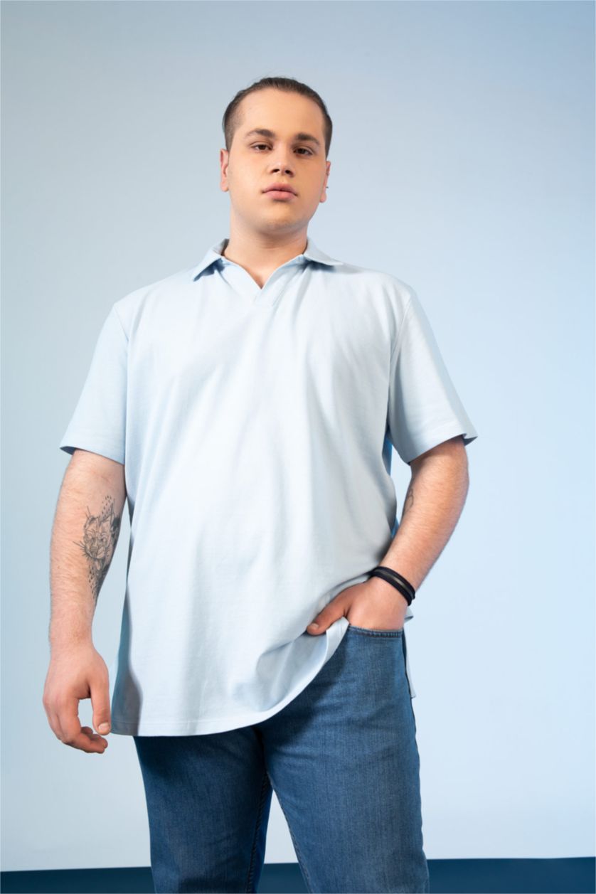 MAN Light Blue Plus Size Regular Fit Polo Neck Short Sleeved T-Shirt