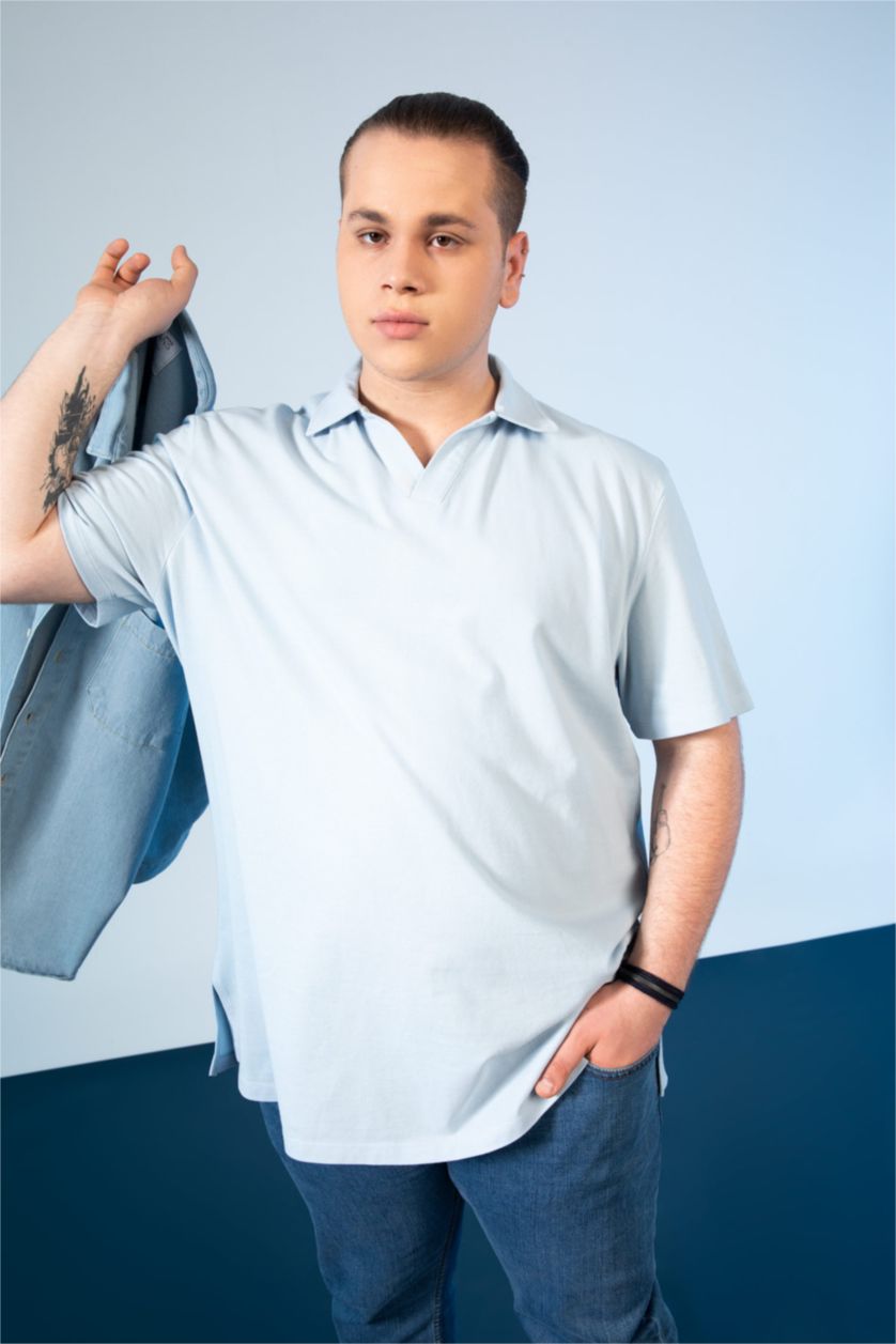 MAN Light Blue Plus Size Regular Fit Polo Neck Short Sleeved T-Shirt