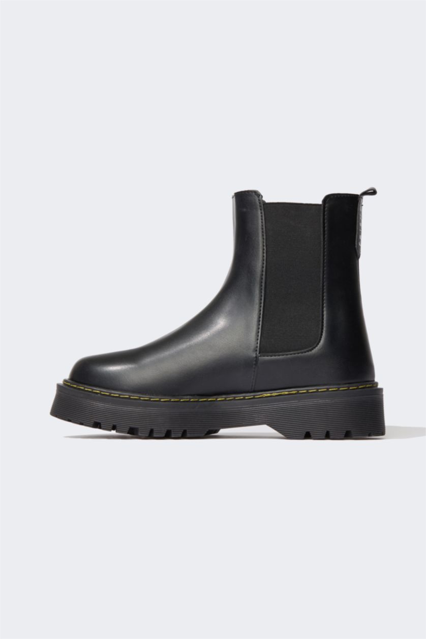 FEMME Noir Bottes Chelsea en faux cuir à semelle épaisse Pour Femmes