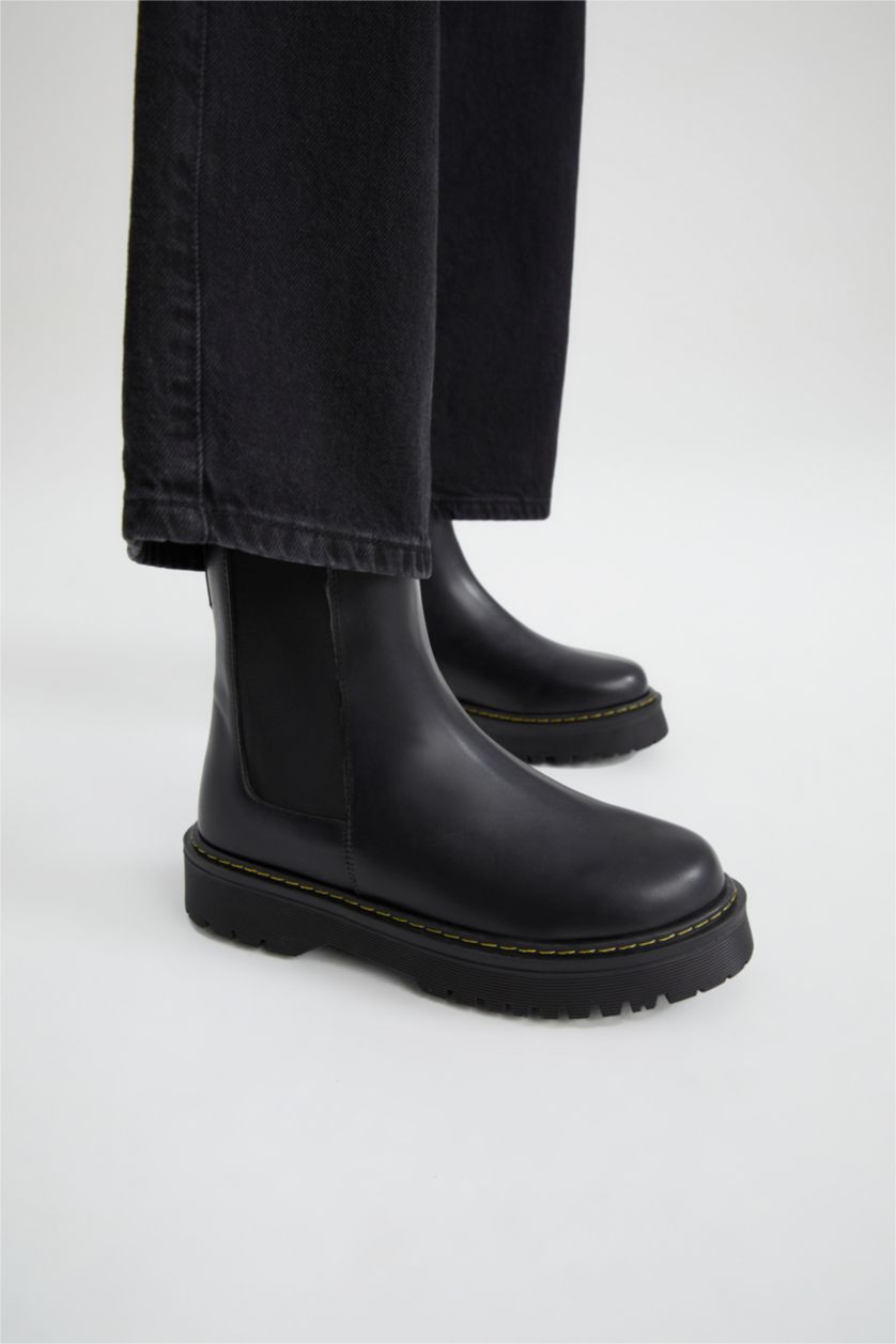 FEMME Noir Bottes Chelsea en faux cuir à semelle épaisse Pour Femmes