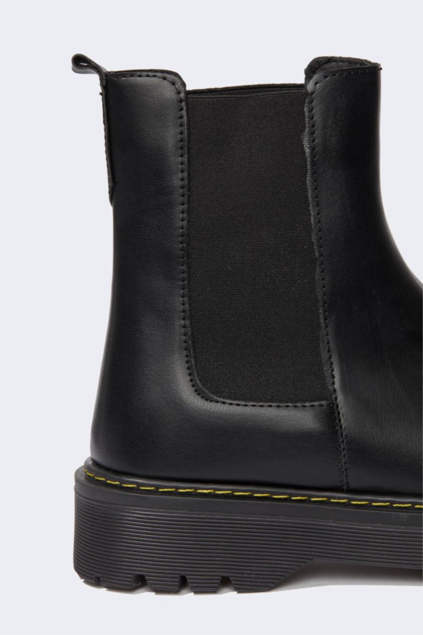 FEMME Noir Bottes Chelsea en faux cuir à semelle épaisse Pour Femmes
