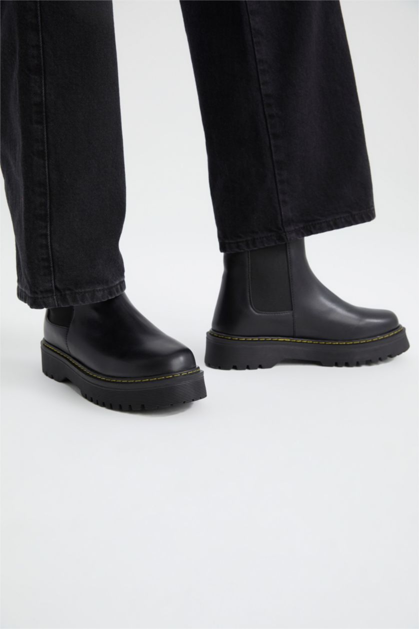 FEMME Noir Bottes Chelsea en faux cuir à semelle épaisse Pour Femmes