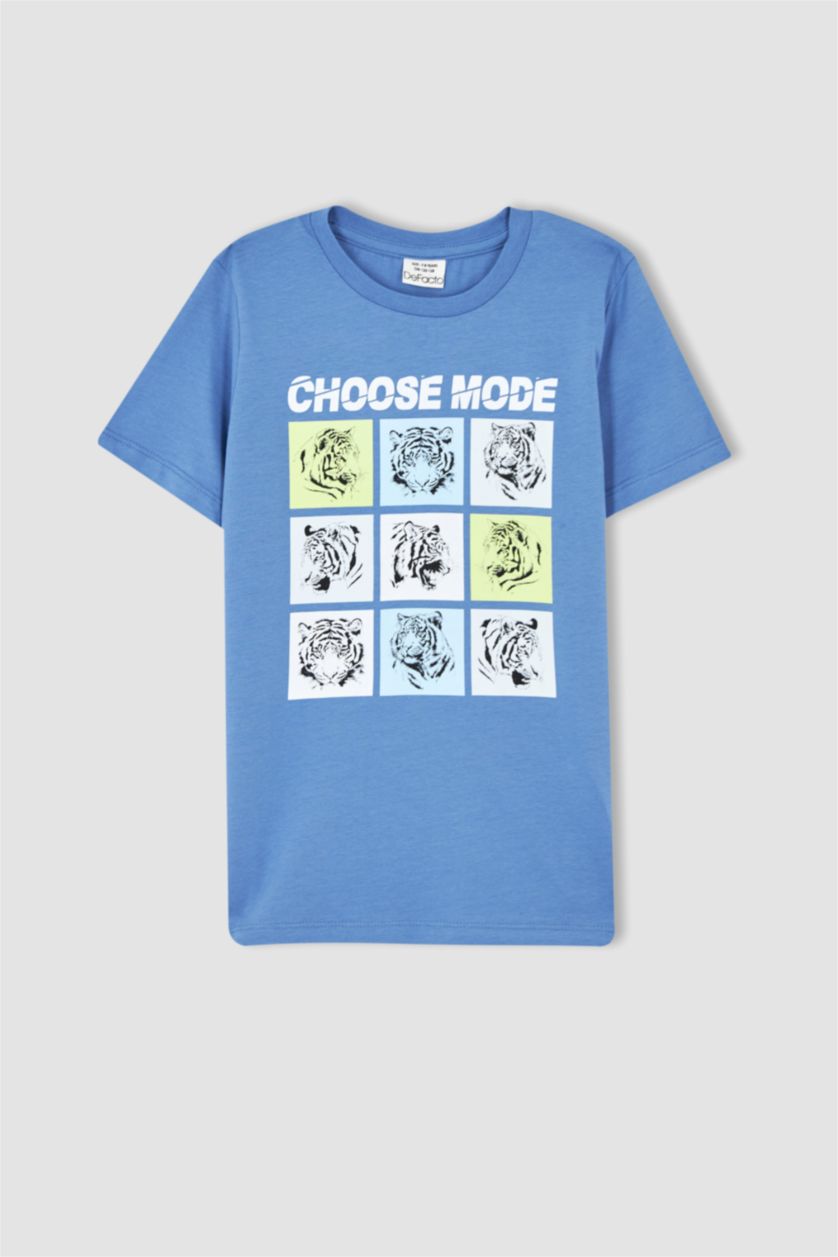 Erkek Çocuk - Genç Erkek Koyu Mavi Erkek Çocuk Regular Fit Renk Değiştiren Baskılı Bisiklet Yaka Kısa Kollu Tişört