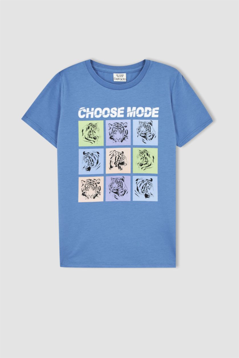 Erkek Çocuk - Genç Erkek Koyu Mavi Erkek Çocuk Regular Fit Renk Değiştiren Baskılı Bisiklet Yaka Kısa Kollu Tişört