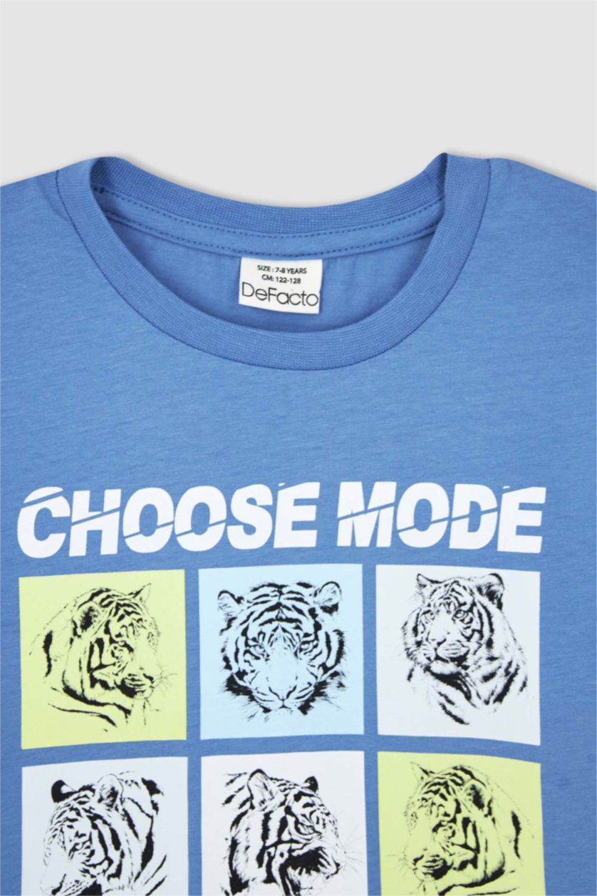 Erkek Çocuk - Genç Erkek Koyu Mavi Erkek Çocuk Regular Fit Renk Değiştiren Baskılı Bisiklet Yaka Kısa Kollu Tişört