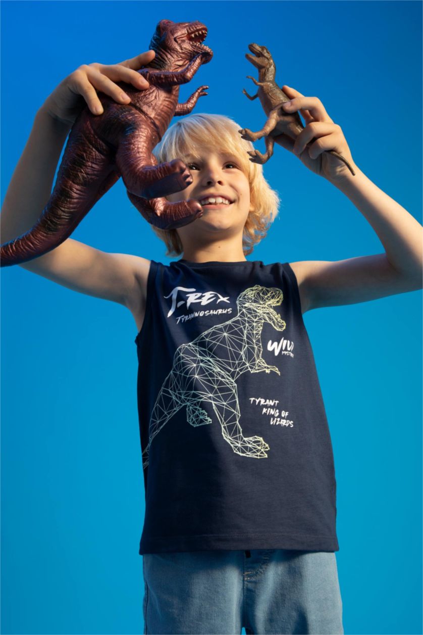 BOYS & TEENS NAVY Boy Regular Fit Color Changing Dinosaur Printed Crew Neck Singlet