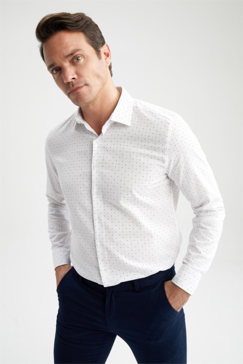 MAN White Modern Fit Italian Neck Printed Long Sleeve Shirt