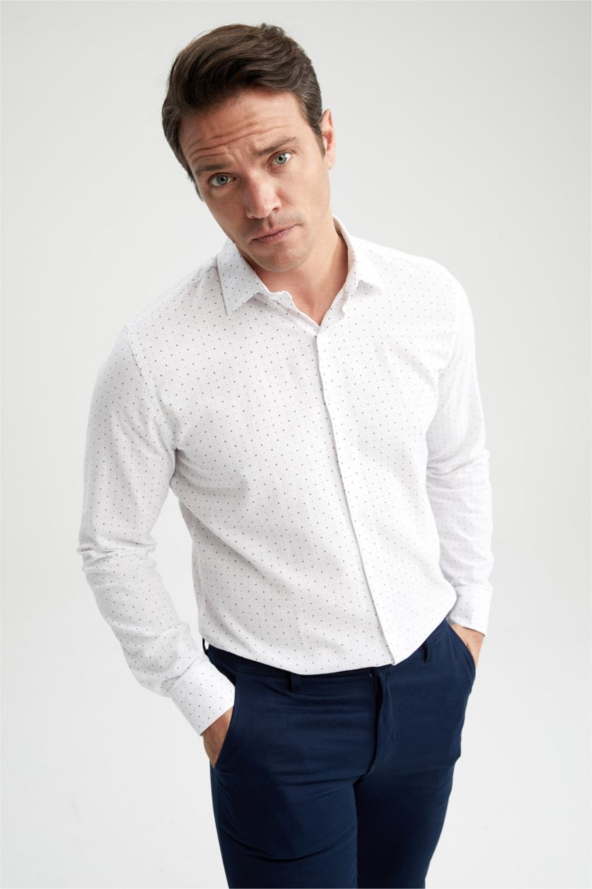 MAN White Modern Fit Italian Neck Printed Long Sleeve Shirt