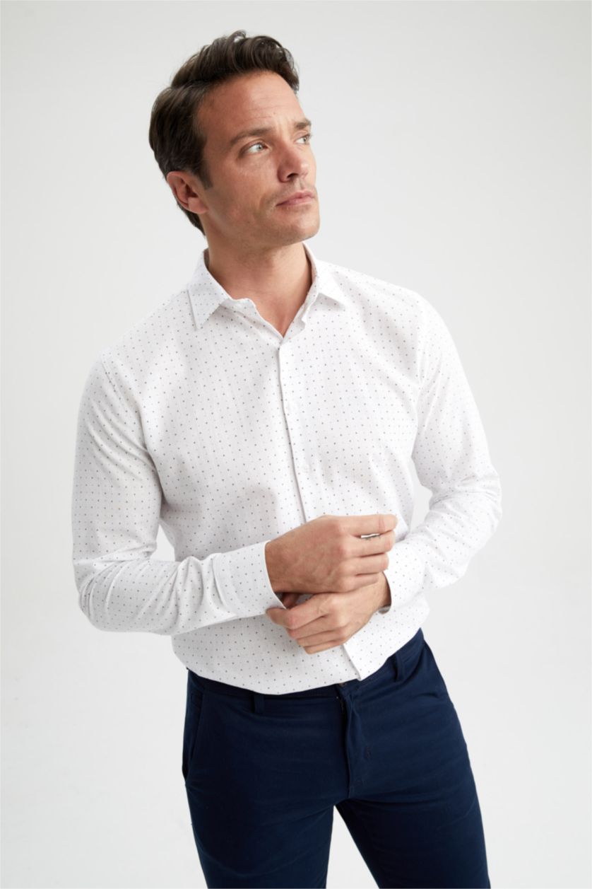 MAN White Modern Fit Italian Neck Printed Long Sleeve Shirt