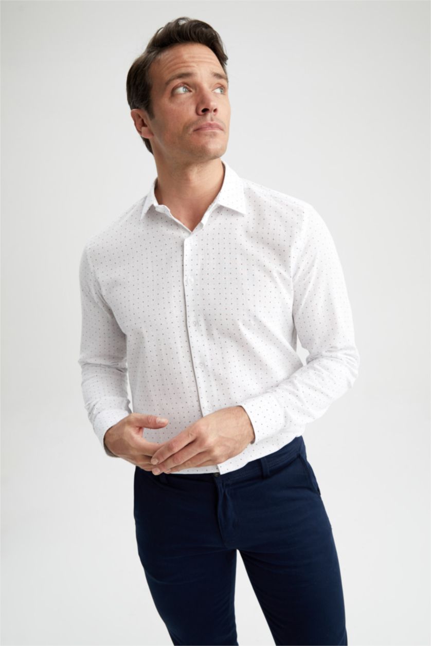 MAN White Modern Fit Italian Neck Printed Long Sleeve Shirt