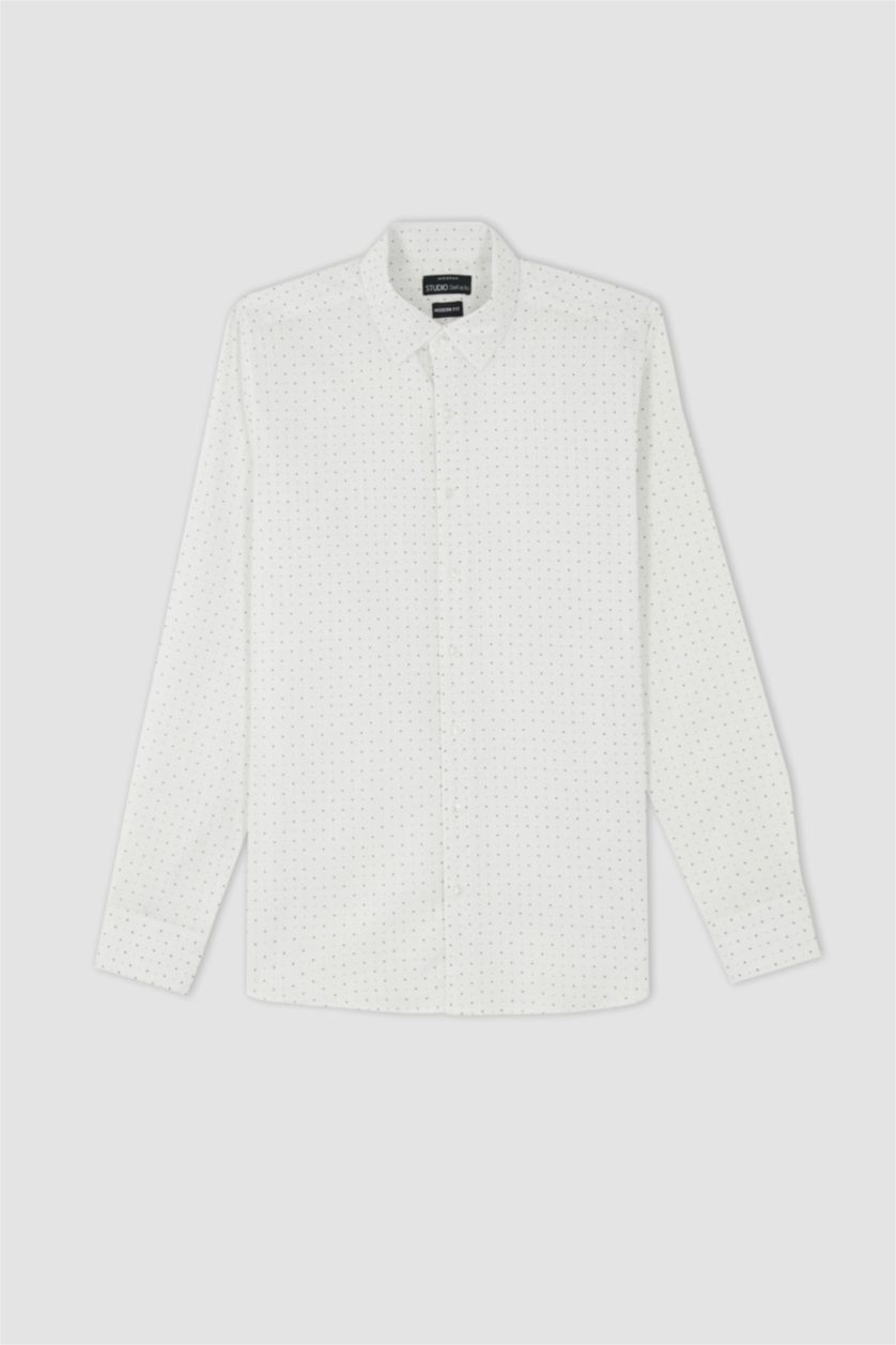 MAN White Modern Fit Italian Neck Printed Long Sleeve Shirt