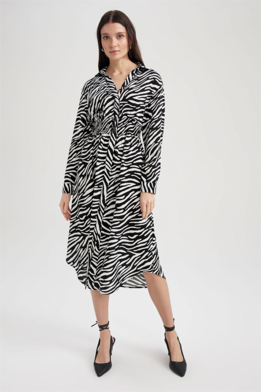 نساء بيج فاتح فستان ميدي كم طويل بياقة قميص