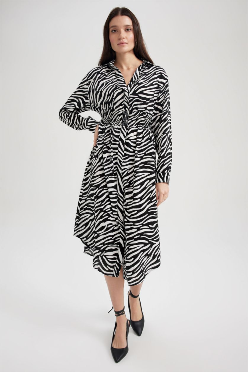 نساء بيج فاتح فستان ميدي كم طويل بياقة قميص