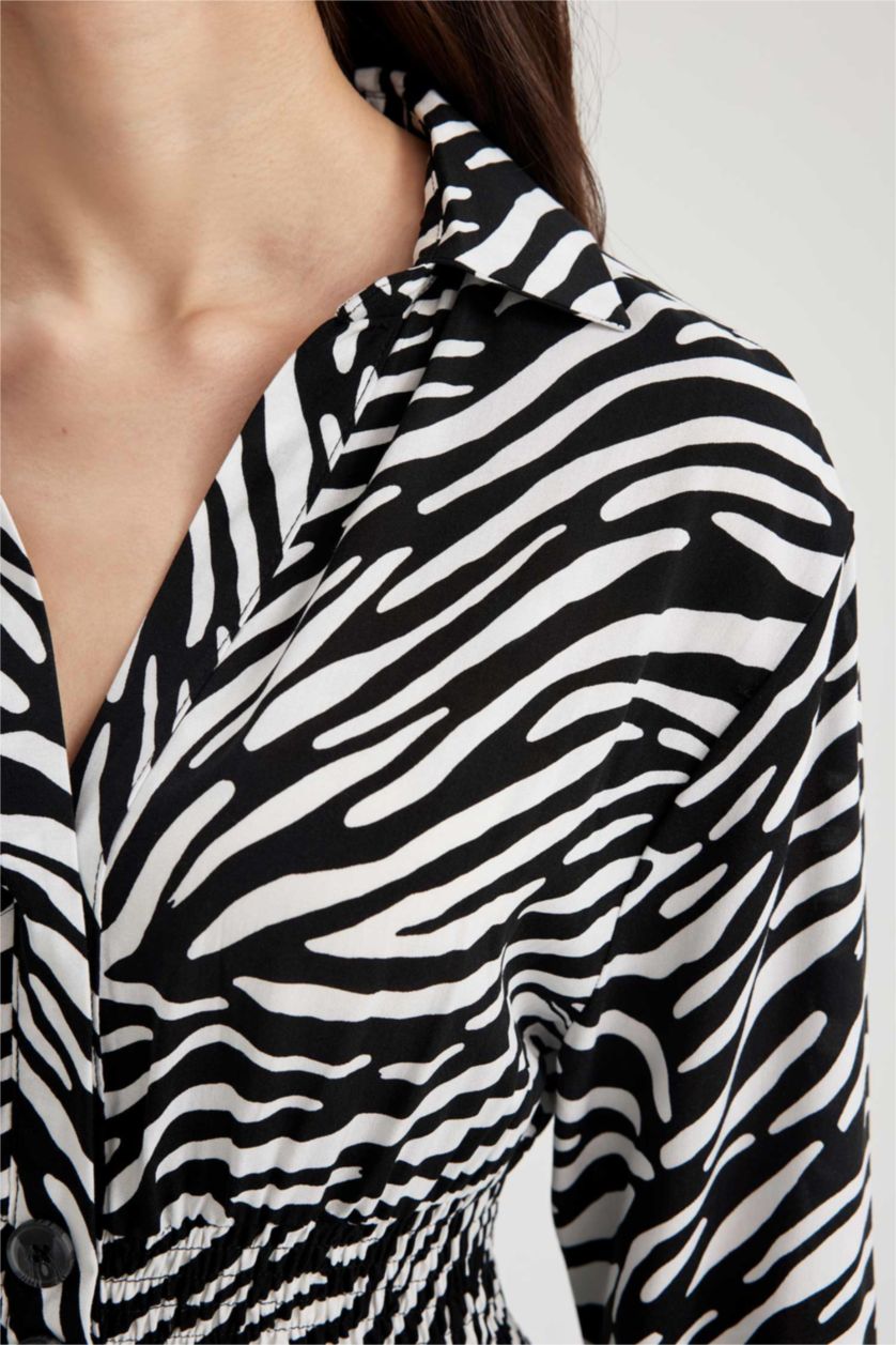 نساء بيج فاتح فستان ميدي كم طويل بياقة قميص