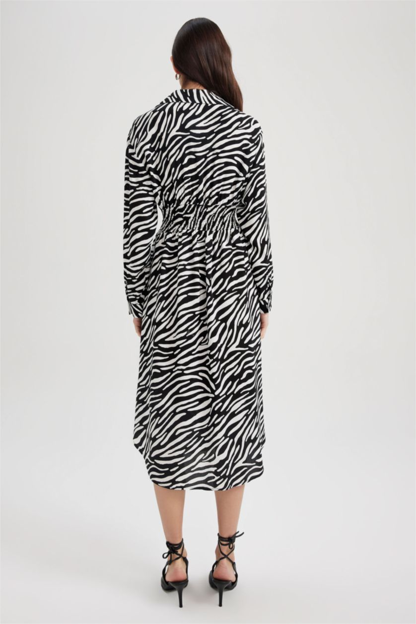 نساء بيج فاتح فستان ميدي كم طويل بياقة قميص