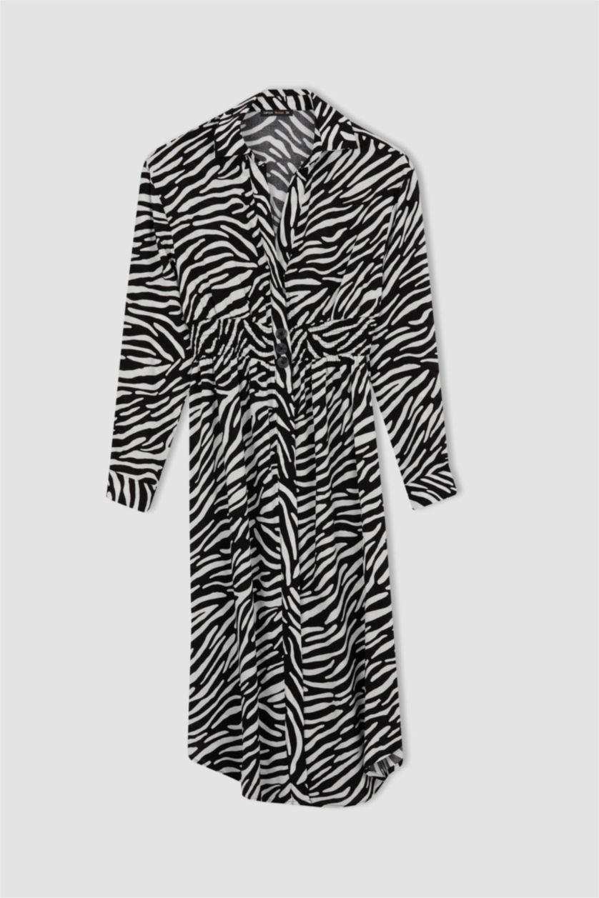 نساء بيج فاتح فستان ميدي كم طويل بياقة قميص