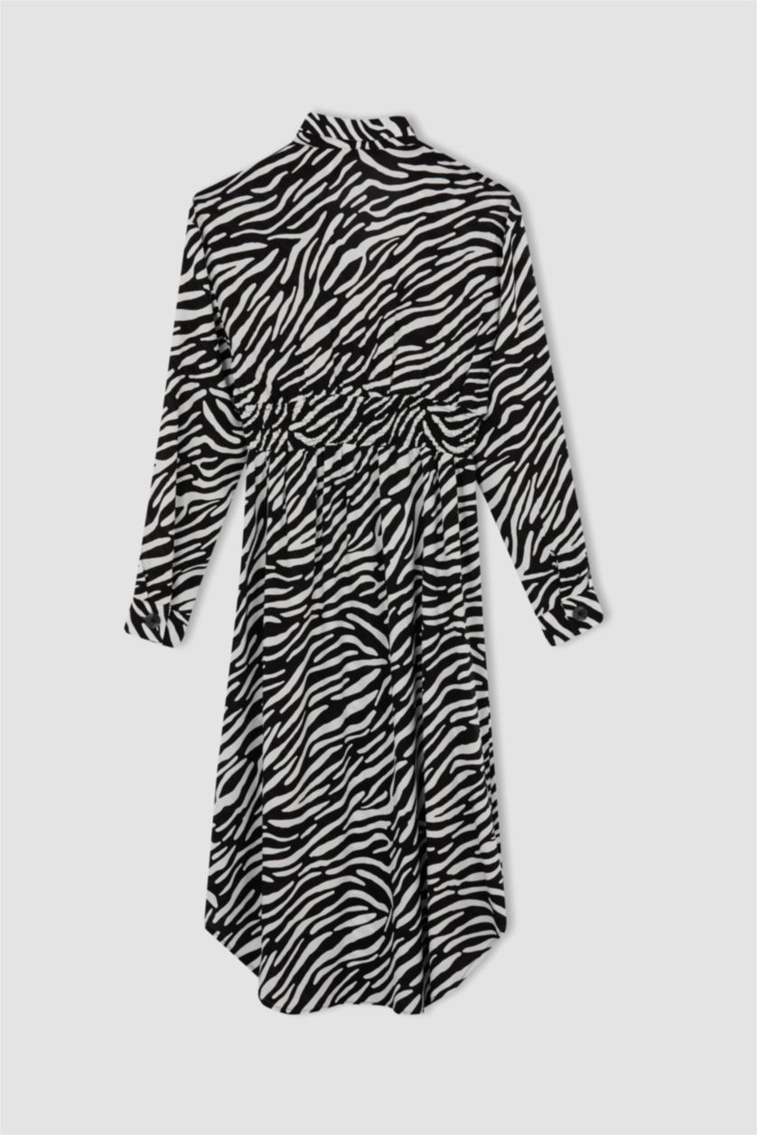 نساء بيج فاتح فستان ميدي كم طويل بياقة قميص