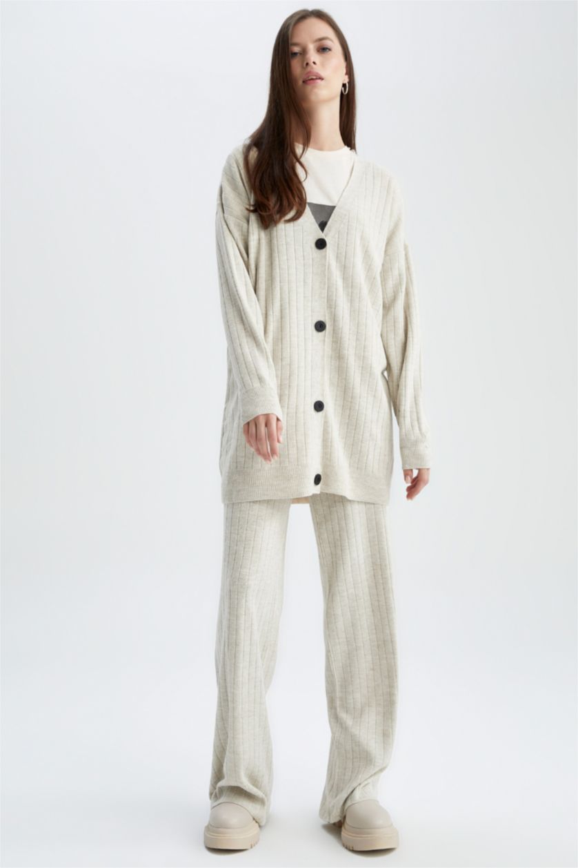 نساء اللون الحجري جاكيت صوف قصة عادية بياقة V