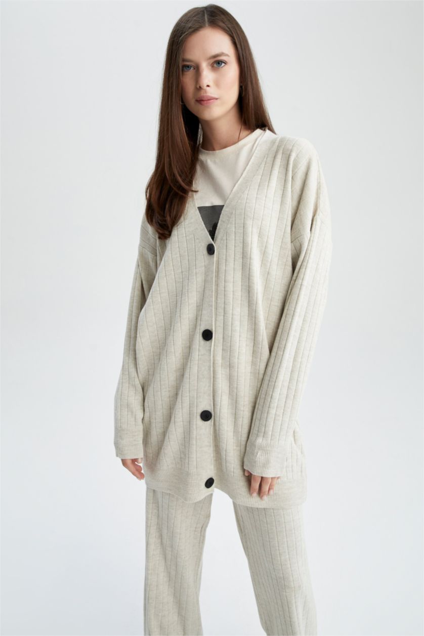 نساء اللون الحجري جاكيت صوف قصة عادية بياقة V