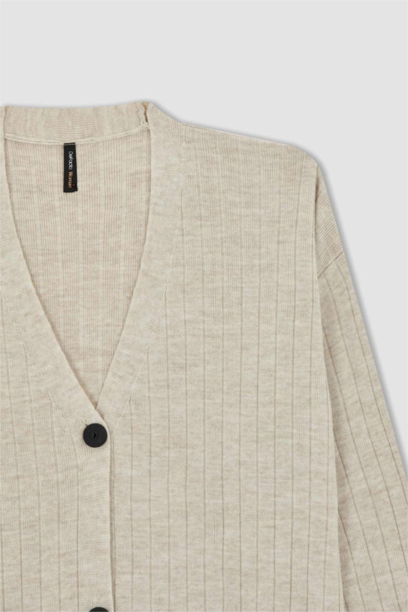 نساء اللون الحجري جاكيت صوف قصة عادية بياقة V