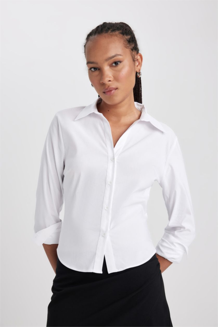 WOMAN White Slim Fit Shirt Collar Long Sleeve Shirt