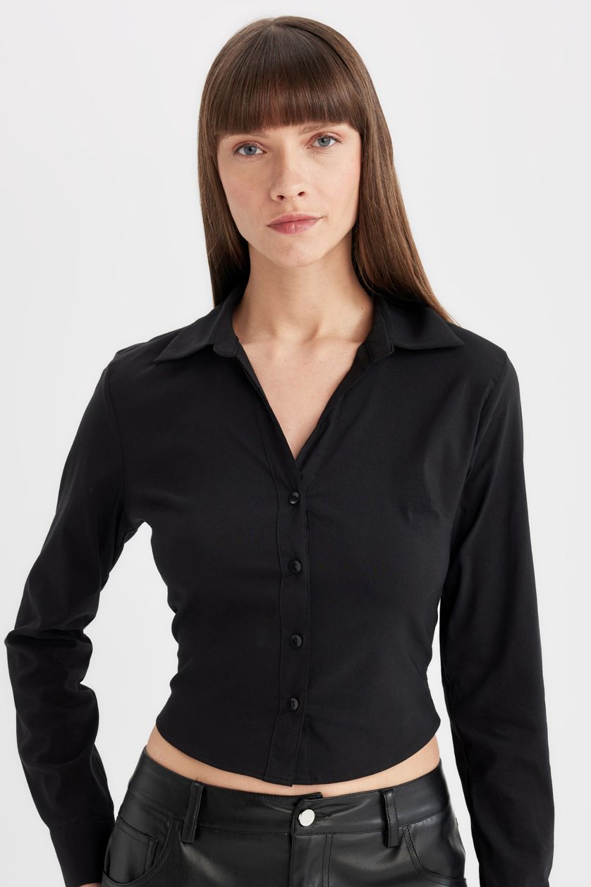 FEMME Noir Chemise Slim à Col Bengaline à Manches Longues