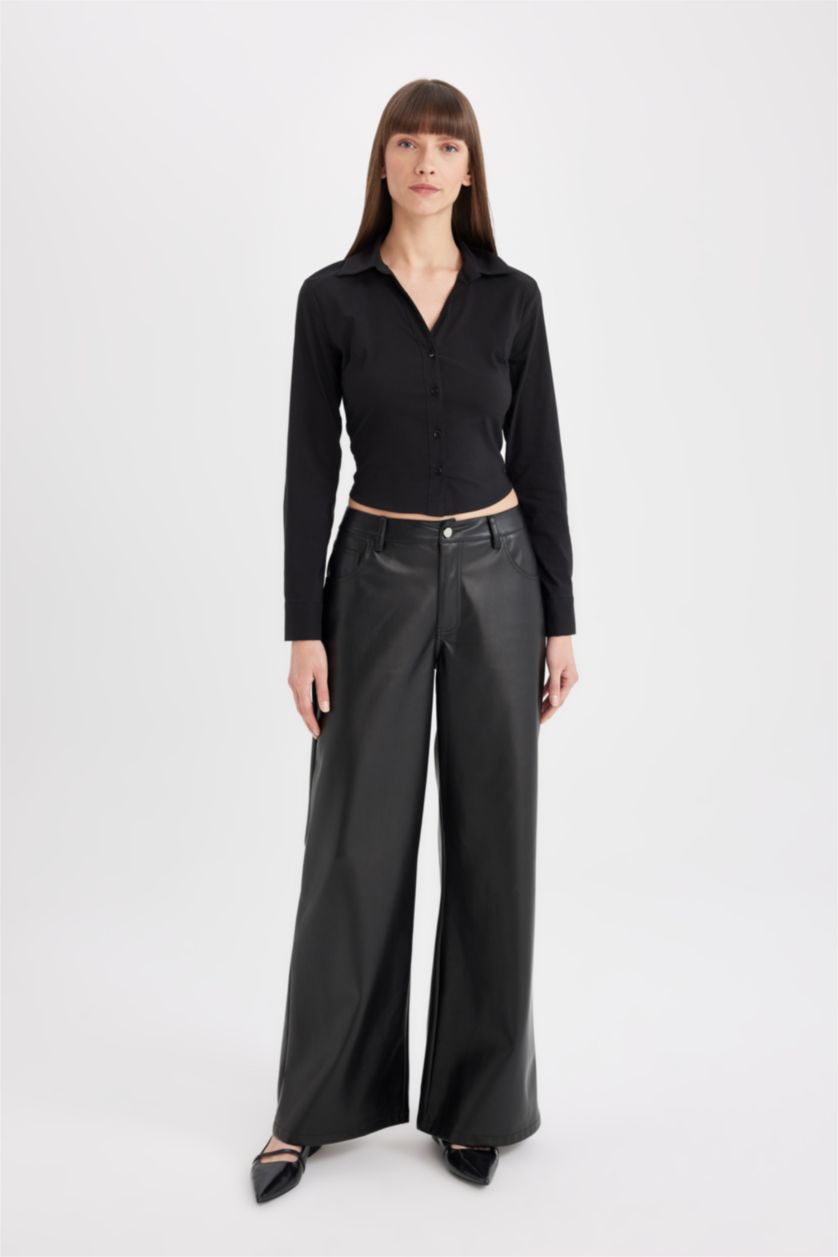 FEMME Noir Chemise Slim à Col Bengaline à Manches Longues