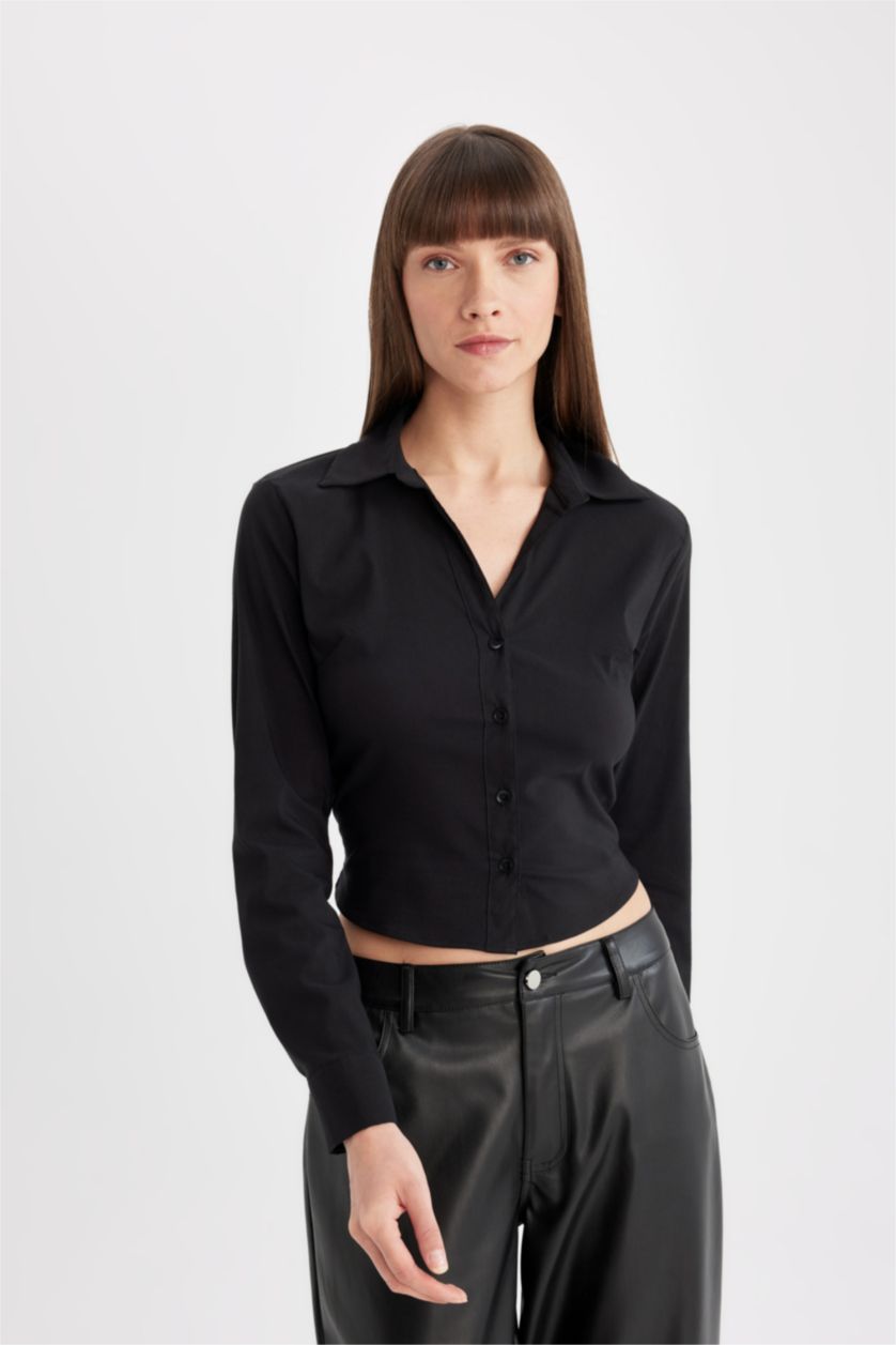 FEMME Noir Chemise Slim à Col Bengaline à Manches Longues