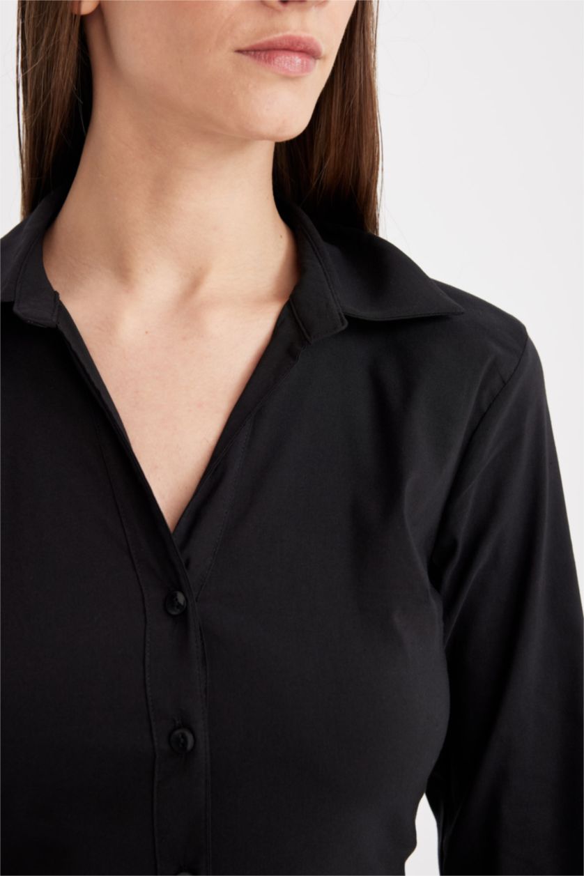 FEMME Noir Chemise Slim à Col Bengaline à Manches Longues