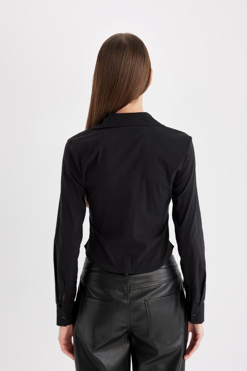 FEMME Noir Chemise Slim à Col Bengaline à Manches Longues