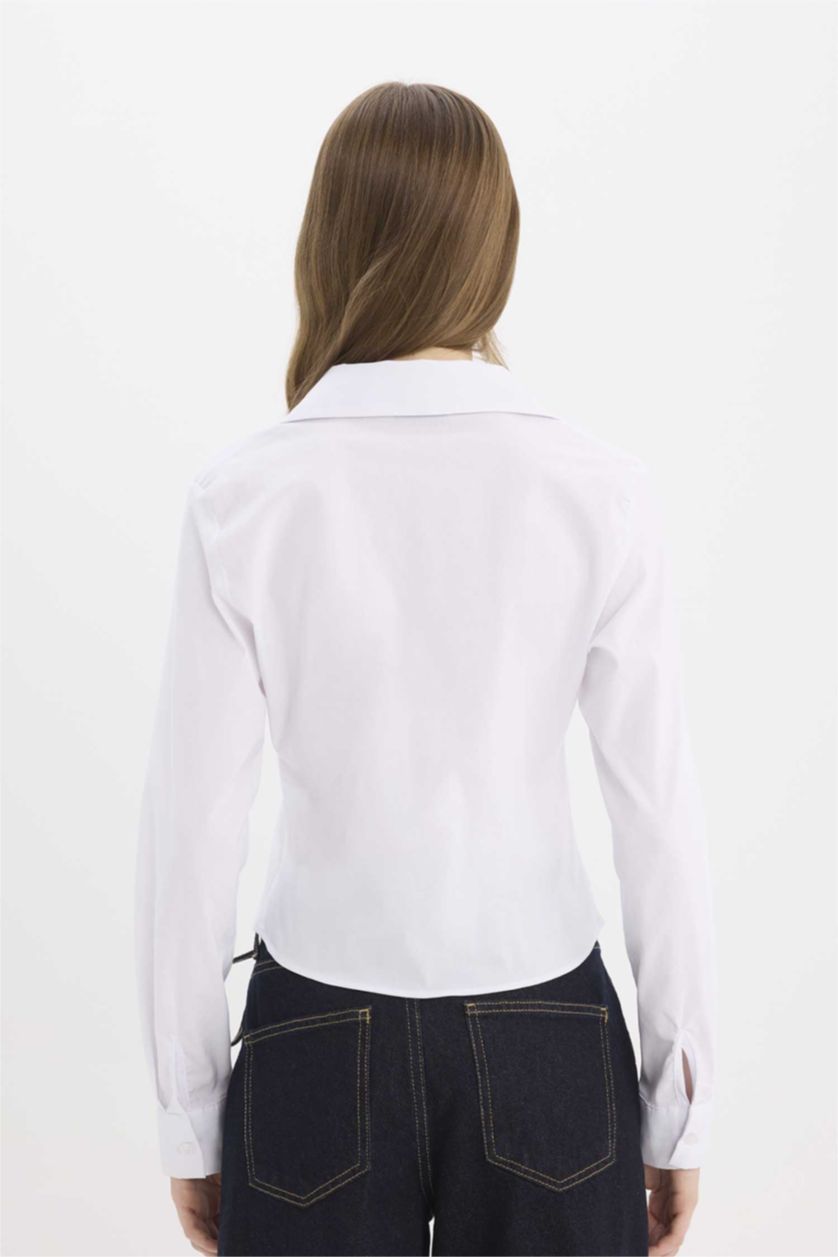 Kadın Beyaz Fitted Bengalin Dokuma Basic Düz Uzun Kollu Beyaz Gömlek