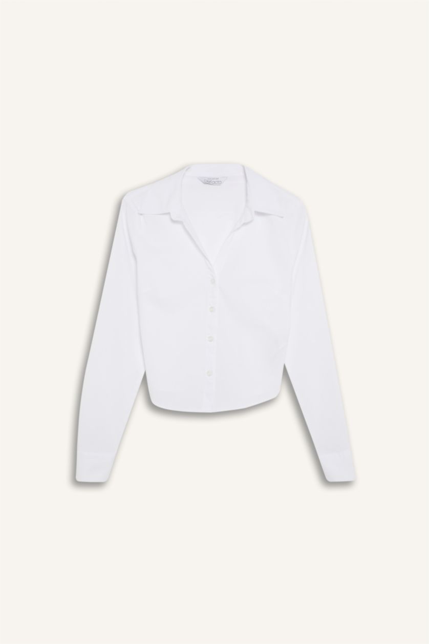 Kadın Beyaz Fitted Bengalin Dokuma Basic Düz Uzun Kollu Beyaz Gömlek