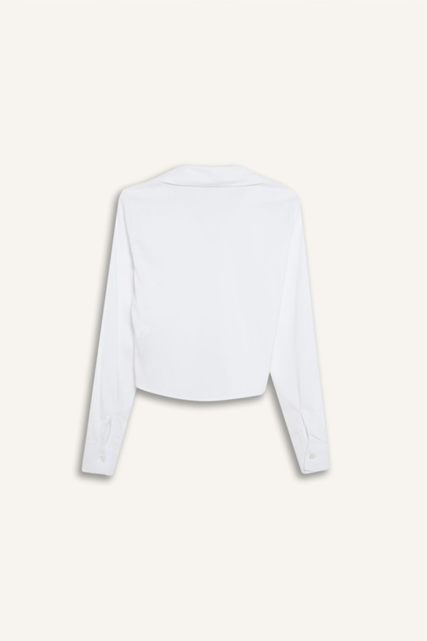 Kadın Beyaz Fitted Bengalin Dokuma Basic Düz Uzun Kollu Beyaz Gömlek