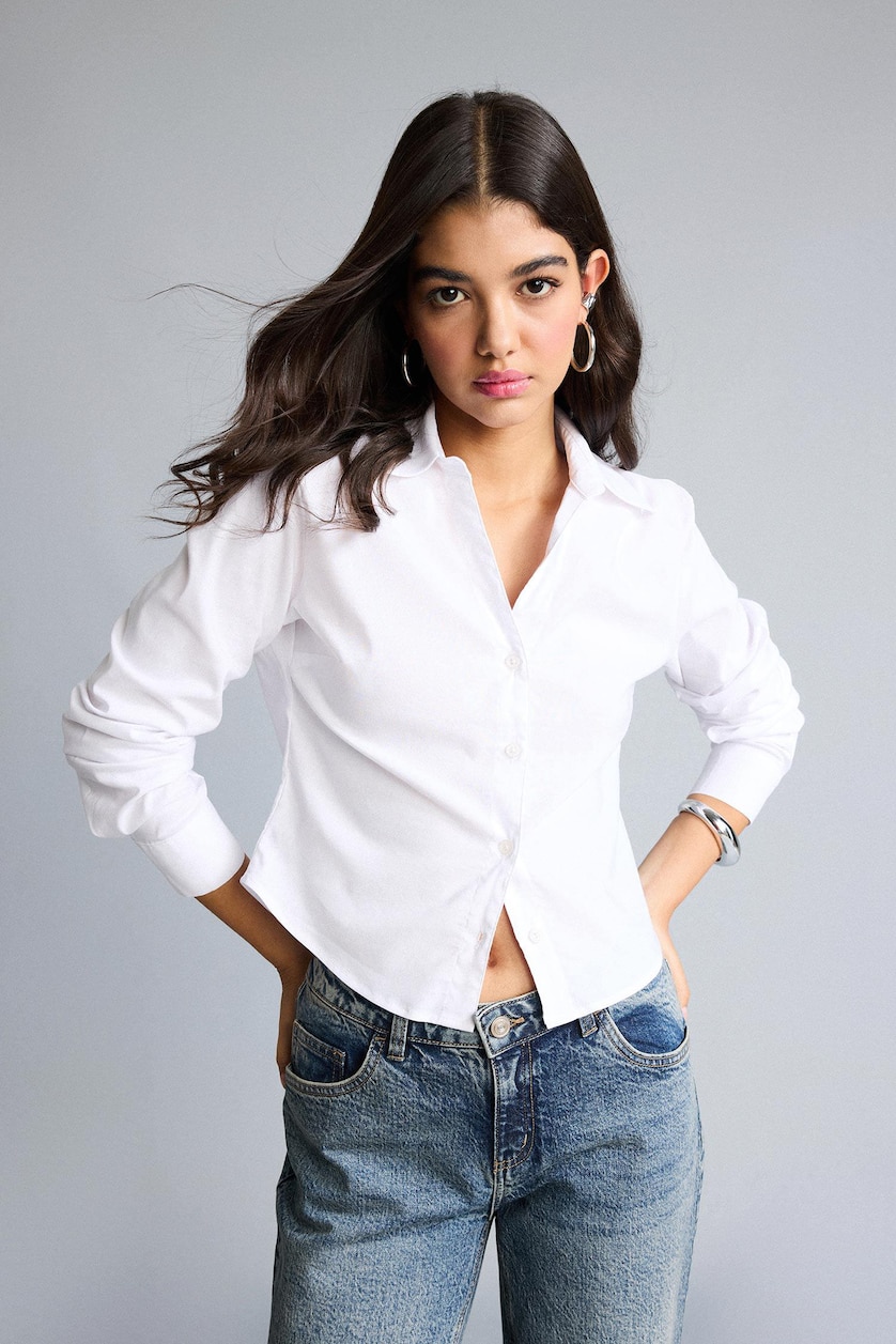 Women Violet Beyaz Slim Fit Long Sleeve Shirt