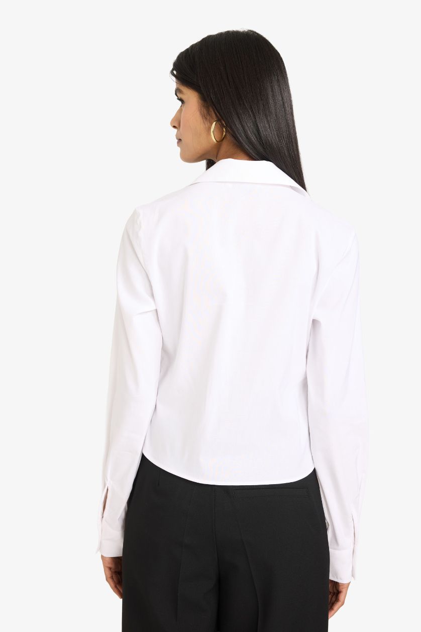 Kadın Violet Beyaz Fitted Bengalin Dokuma Basic Düz Uzun Kollu Beyaz Gömlek