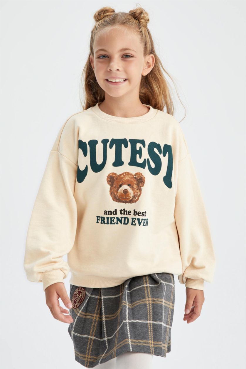 FILLES Beige Sweat-shirt en Tissu épais à Coupe décontractée det Col rond