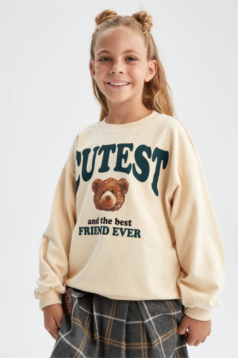 FILLES Beige Sweat-shirt en Tissu épais à Coupe décontractée det Col rond