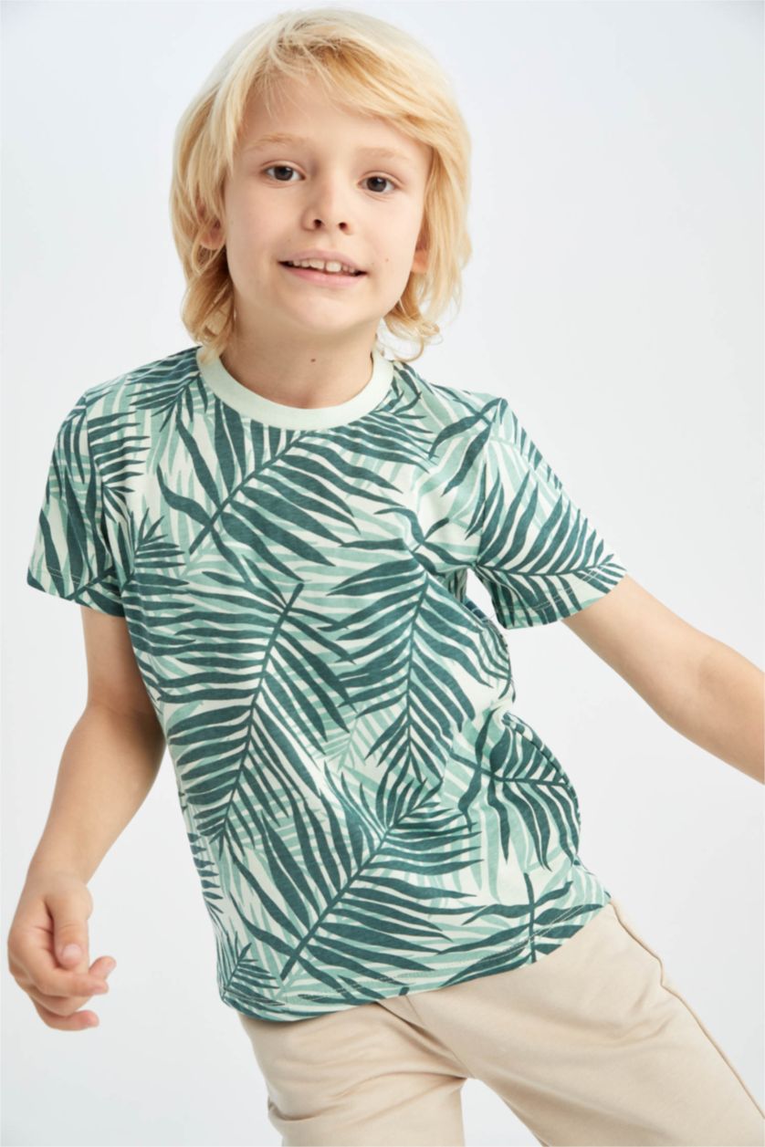 GARÇONS Bleu T-shirt en coton à col ras de cou à motif manches courtes pour garçon