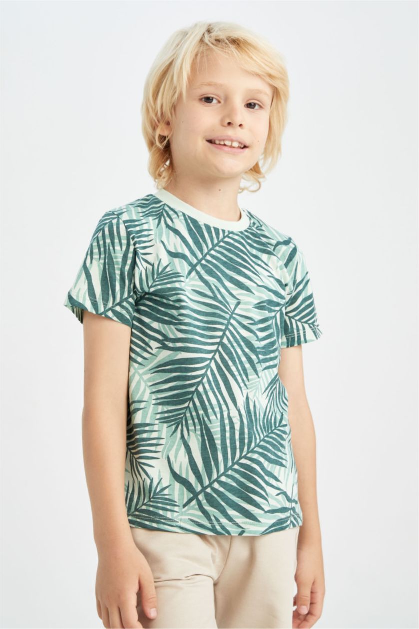 GARÇONS Bleu T-shirt en coton à col ras de cou à motif manches courtes pour garçon