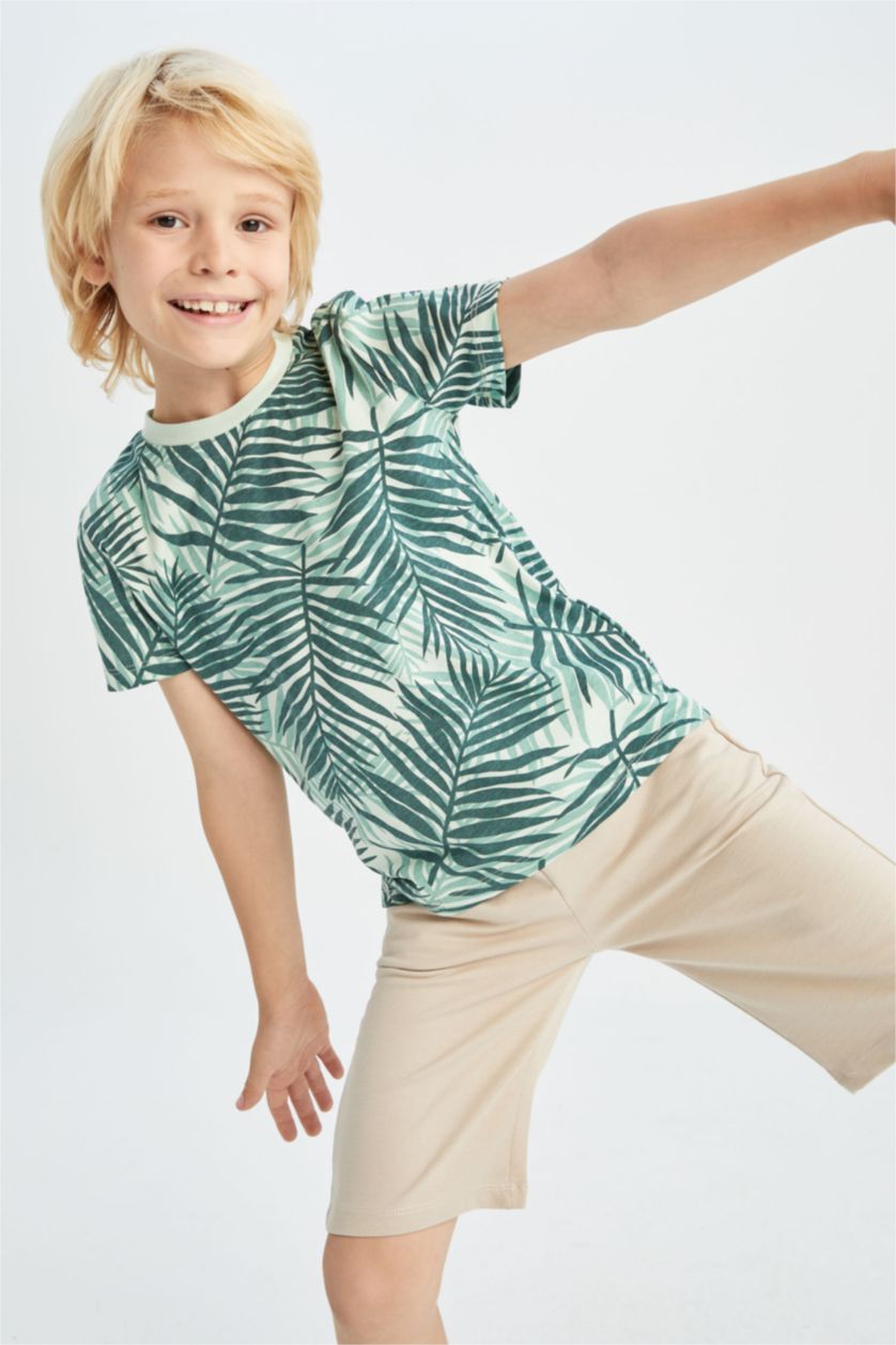 GARÇONS Bleu T-shirt en coton à col ras de cou à motif manches courtes pour garçon